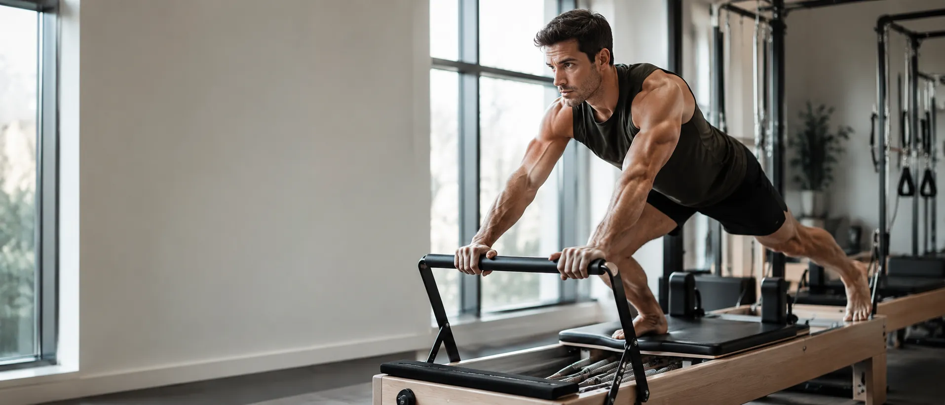 Deportista entrenando fuerza y estabilidad en una máquina Reformer de Pilates